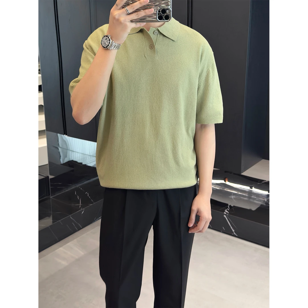里奈男装夏季男短袖净色针织POLO衫宽松翻领轻熟纯色肌理通勤上衣