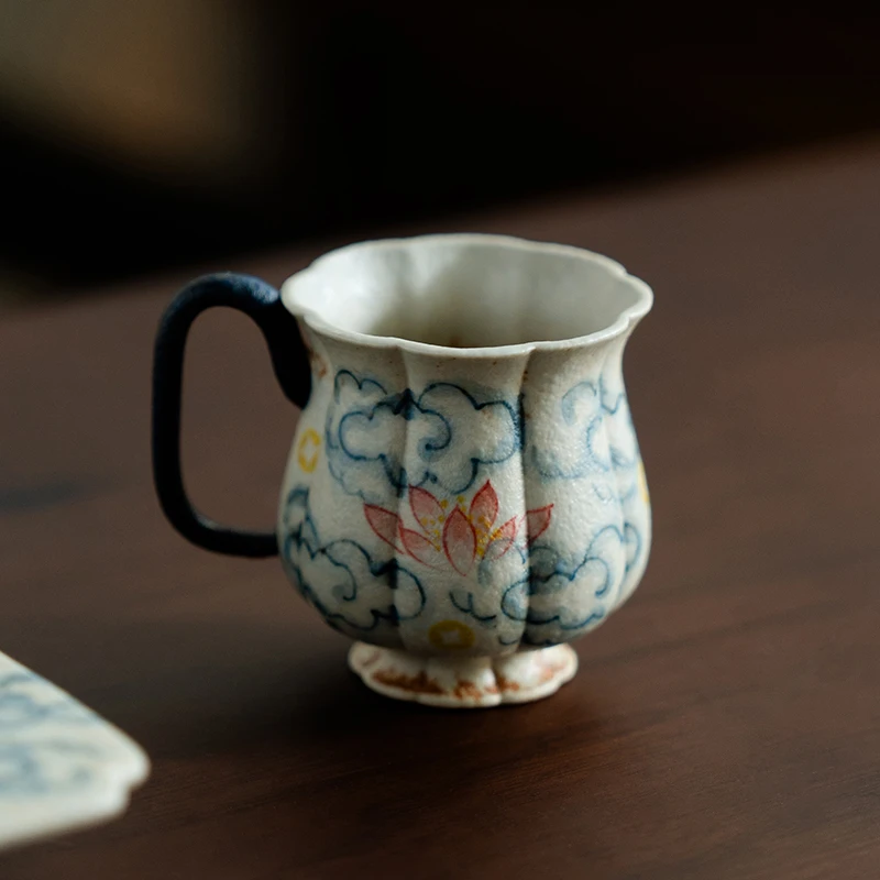（阿萌茶事）陶瓷茶杯纯手绘祥云荷韵高足杯家用泡茶功夫茶具主人