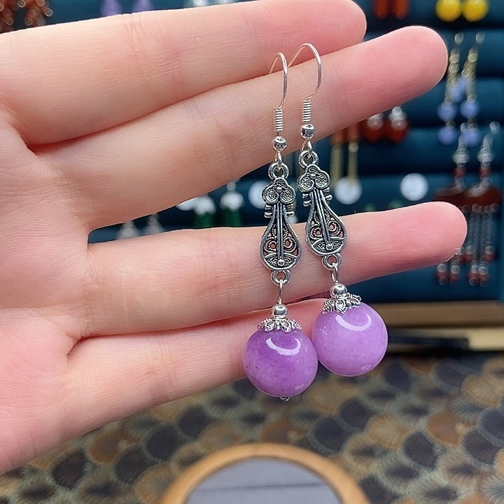 石英质玉耳钉银S925镶嵌