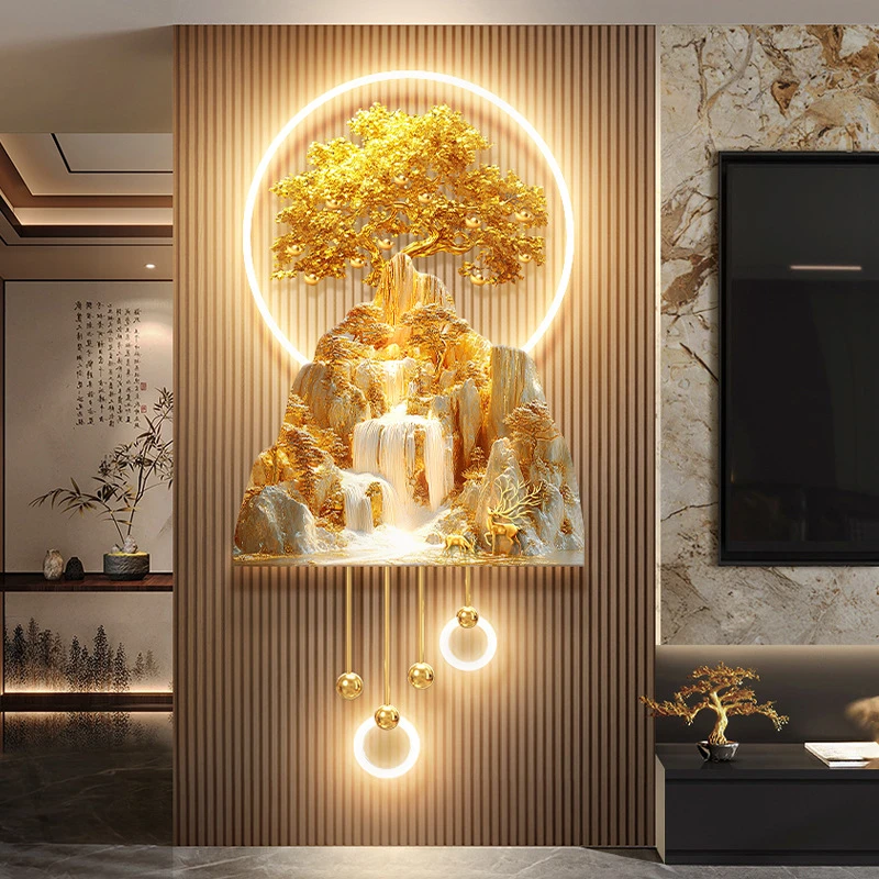 发财树电视背景墙格栅装饰挂件轻奢金山流水生财客厅玄关带灯壁画