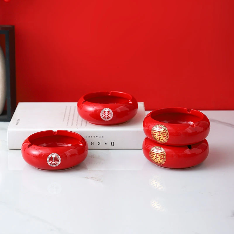 创意喜字陶瓷烟灰缸喜庆结婚中式红色婚礼烟缸客厅婚庆用品家用
