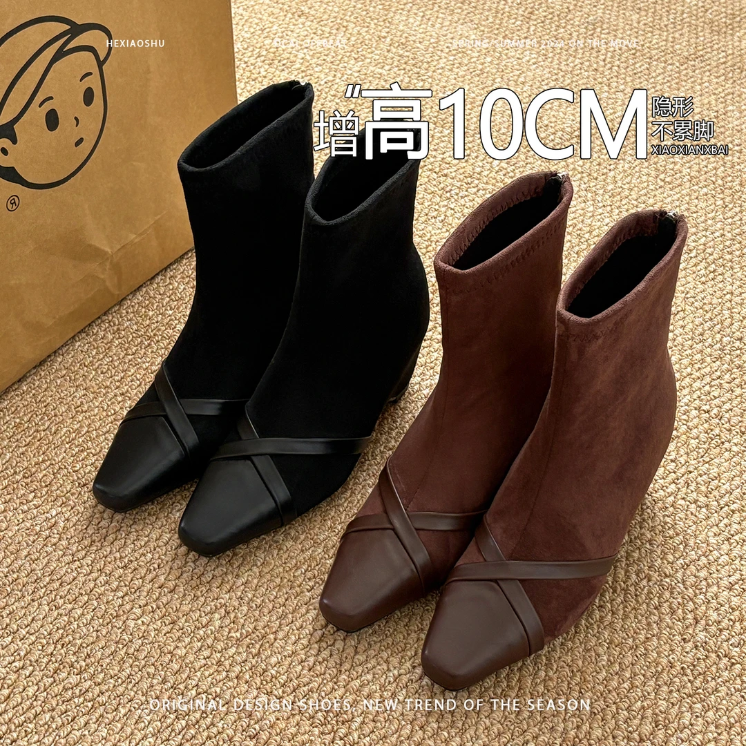 真皮版复古加绒保暖坡跟内增高短筒瘦瘦靴女2025新款方头显瘦短靴