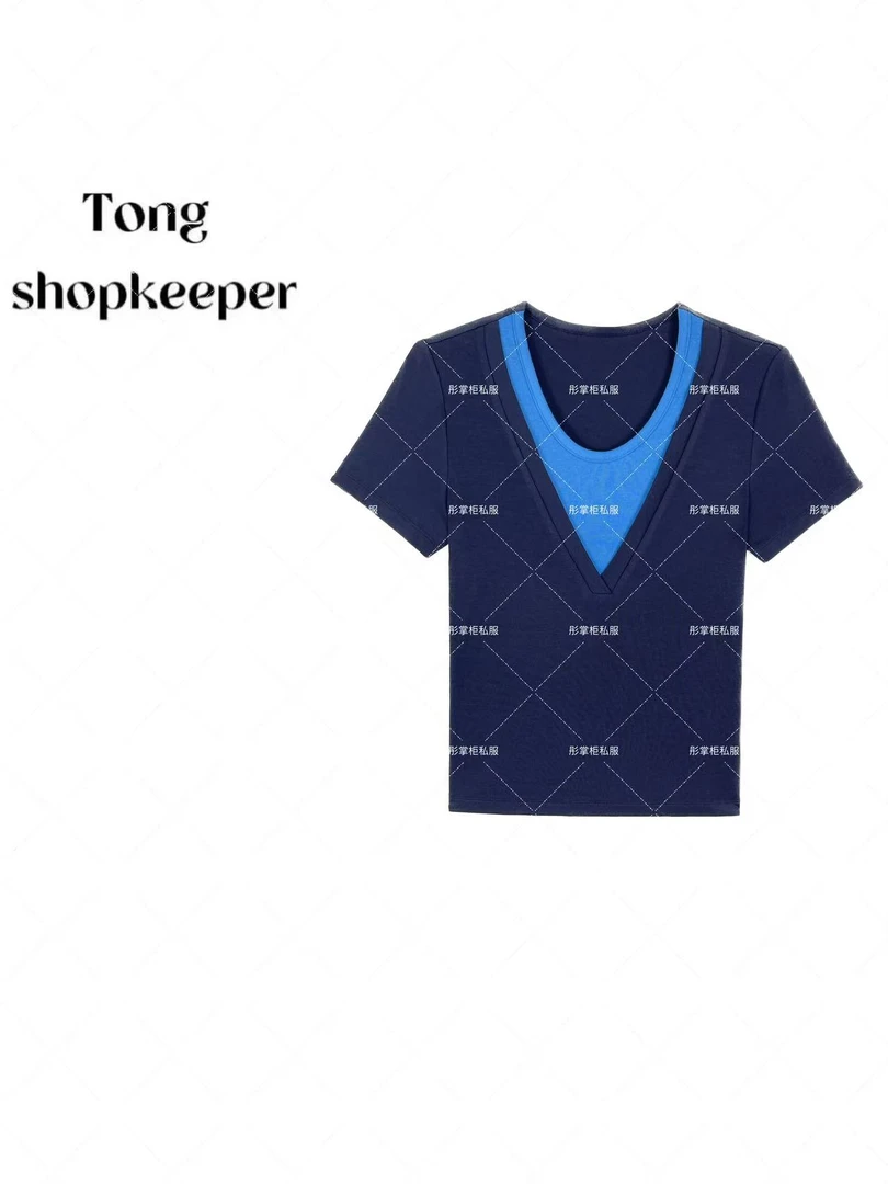 QJ/彤掌柜1682226 夏款2025静奢秀款天丝羊毛假两件撞色显瘦上衣