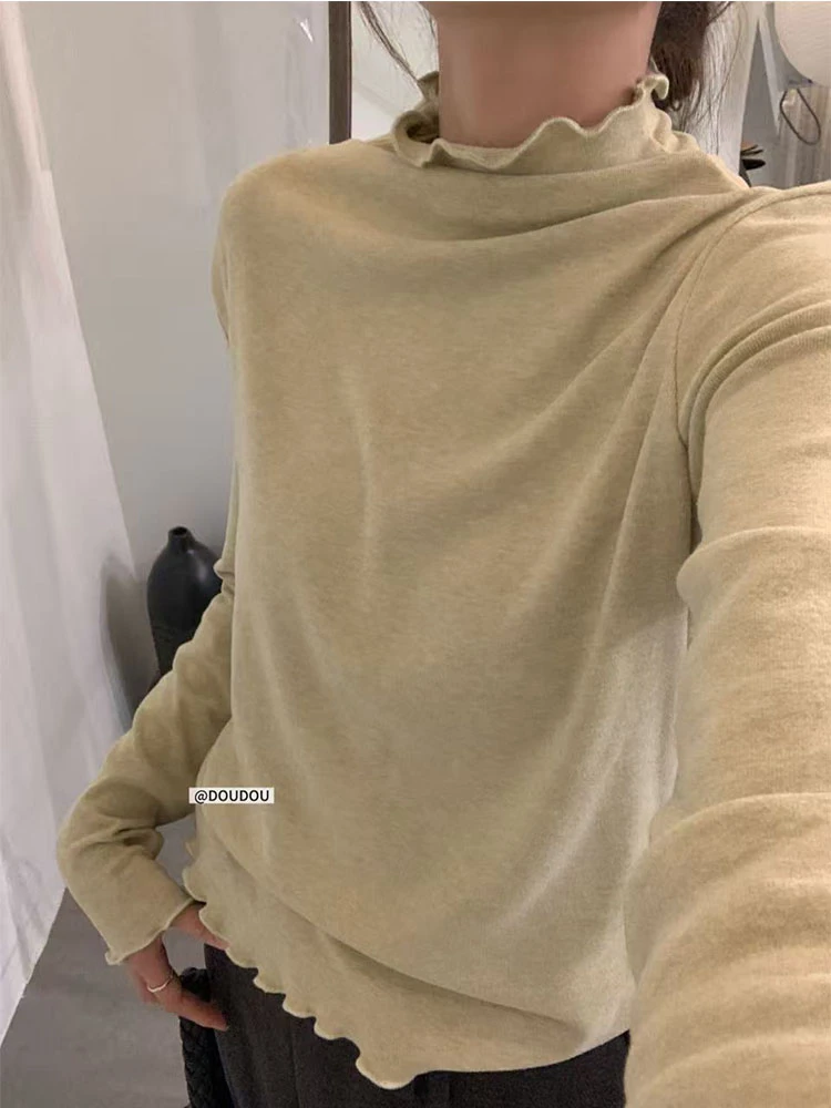 【豆豆】韩国东大门甜美木耳边半高领百搭弹力打底长袖T恤