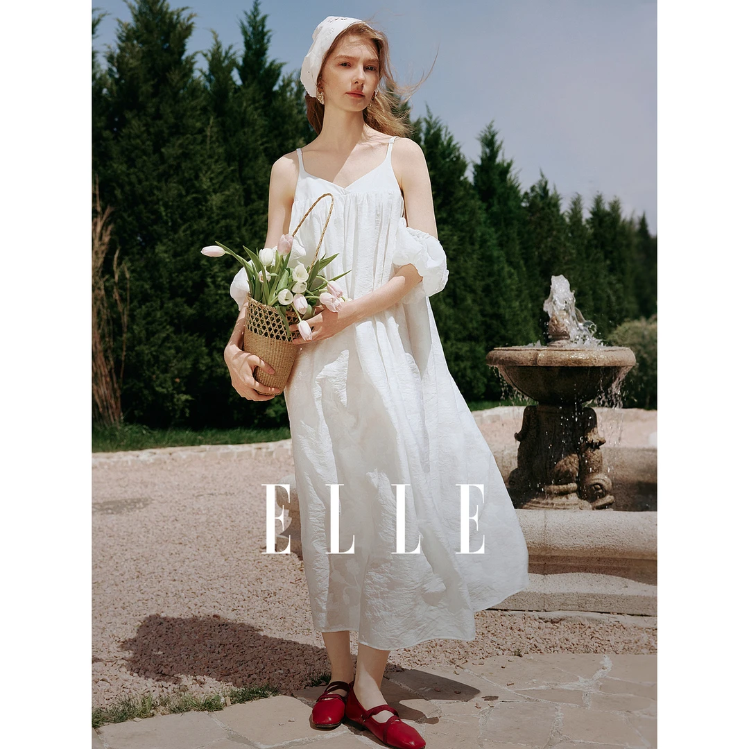 【黄蓉推荐】ELLE拼接泡泡袖提花连衣裙25夏季新款度假航海EL51859