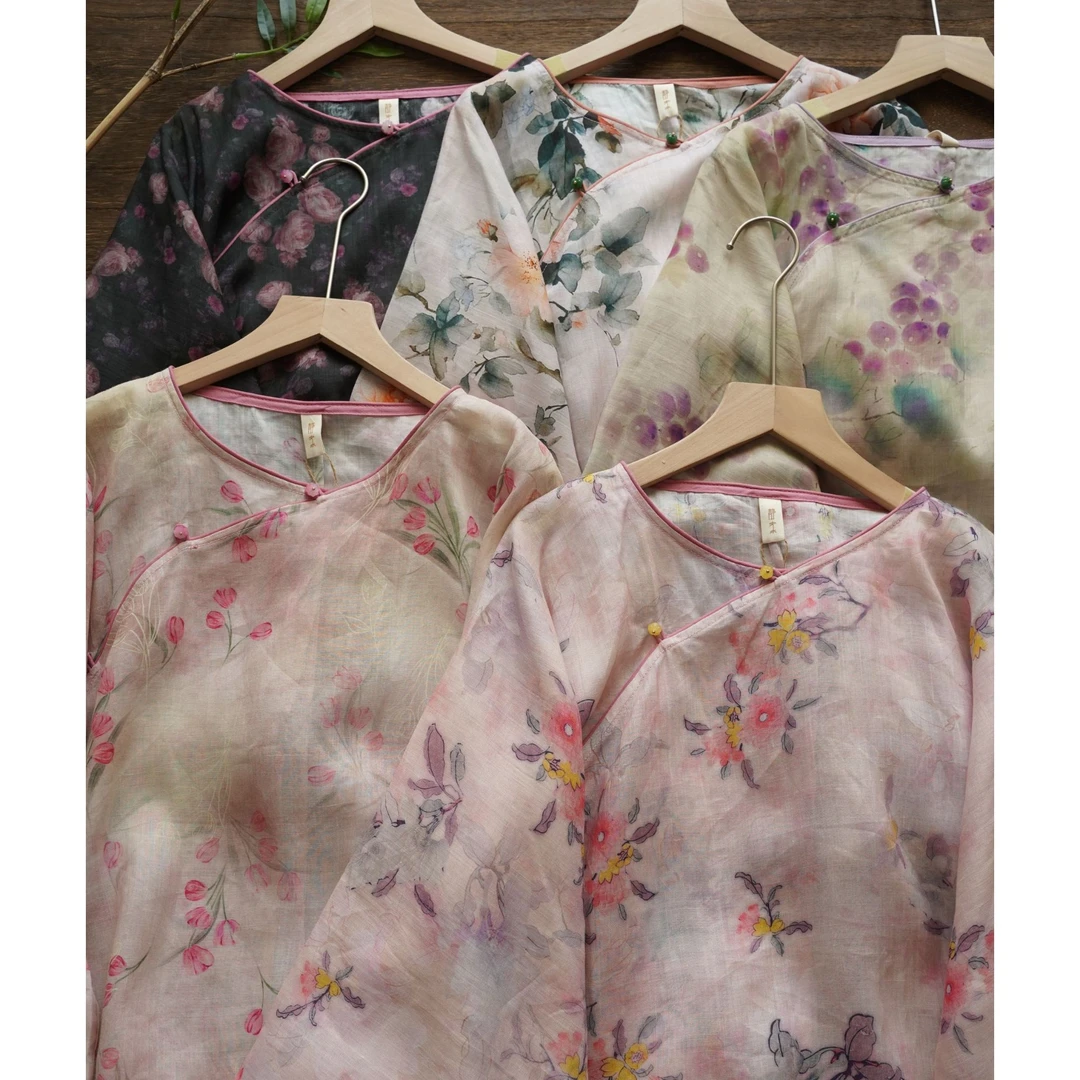 新中式苎麻粉色系改良斜襟圆领宽松民国复古风大袖上衣