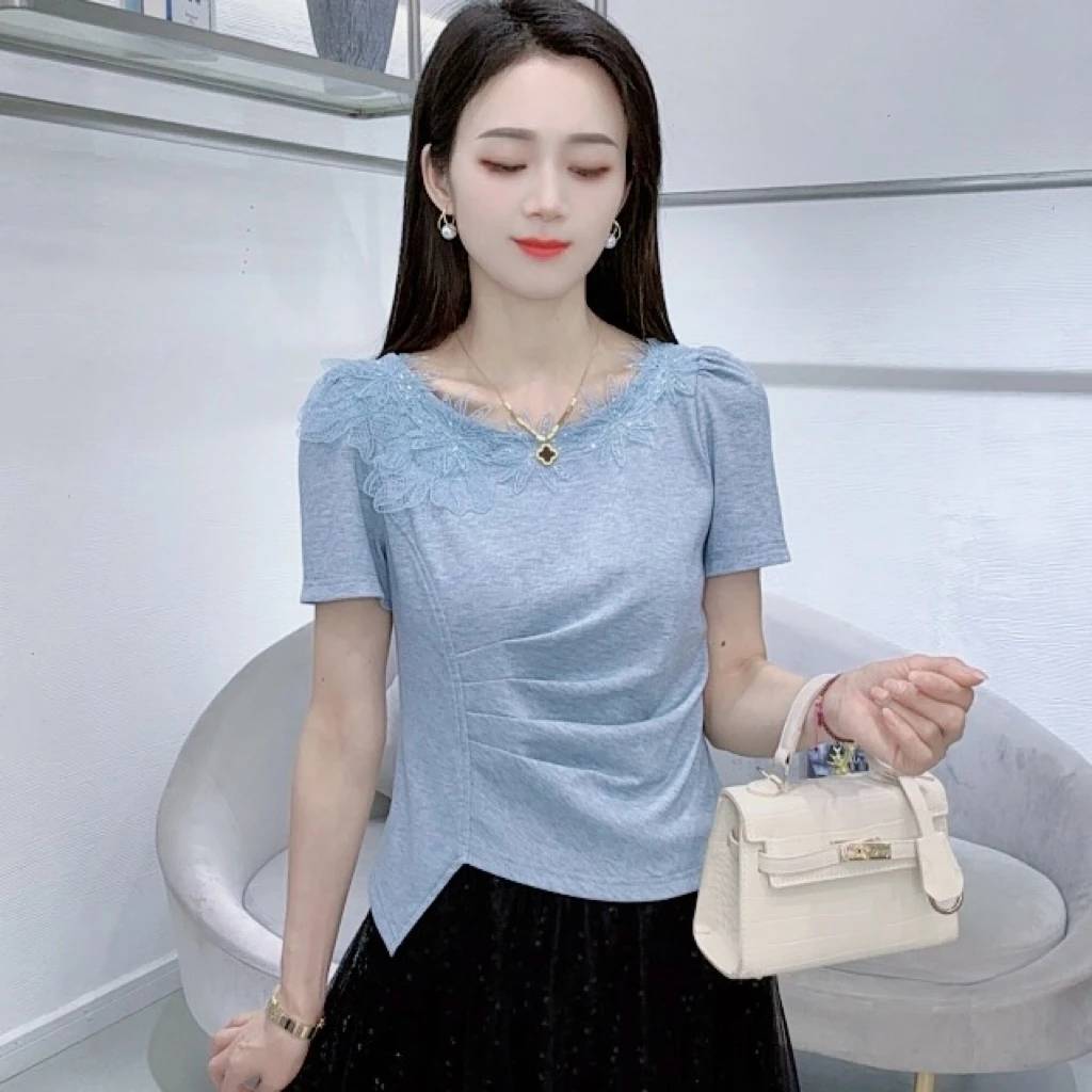 A8235新款时尚百搭设计感甜美减龄短袖T恤上衣修身显瘦