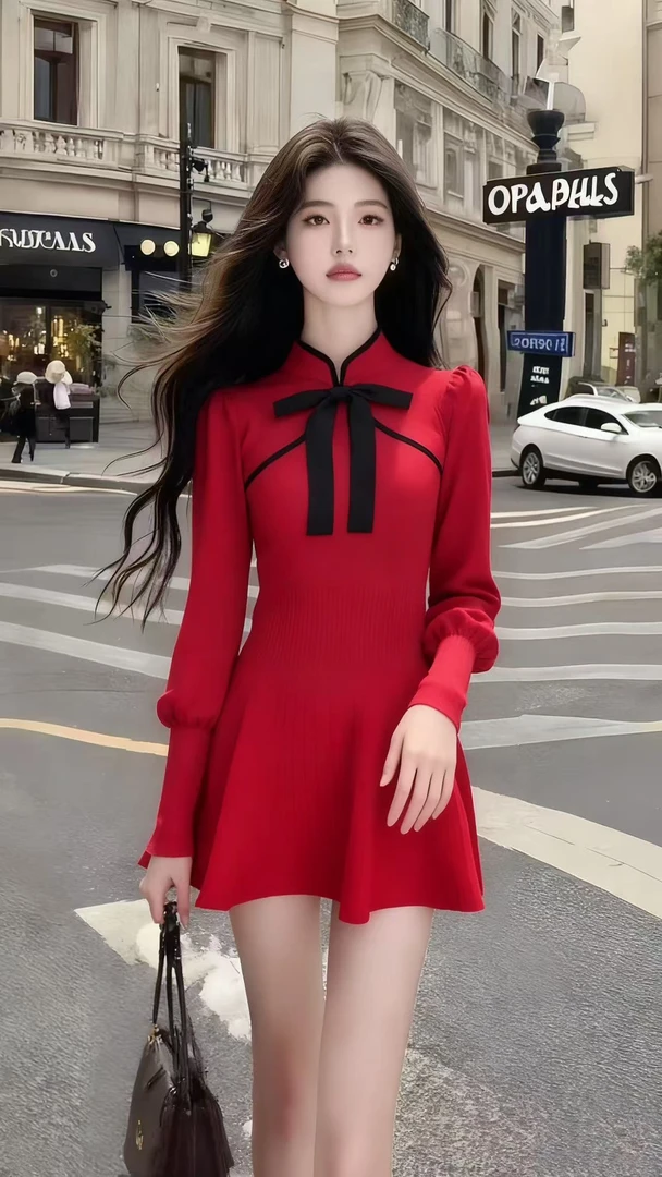 秋季新款轻奢氛围感时尚千金风红色立领长袖修身收腰设计感连衣裙