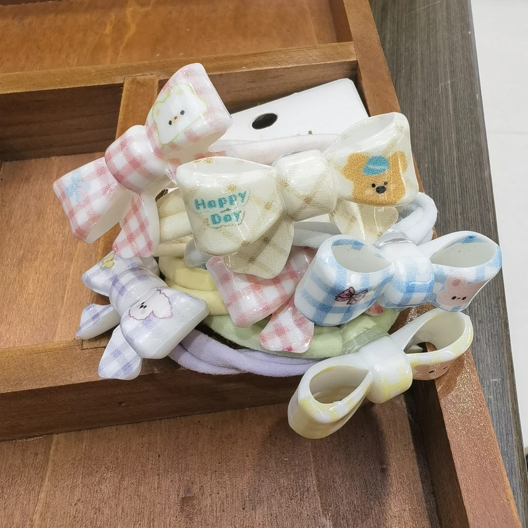 F548彩色格子蝴蝶结发绳一组6根