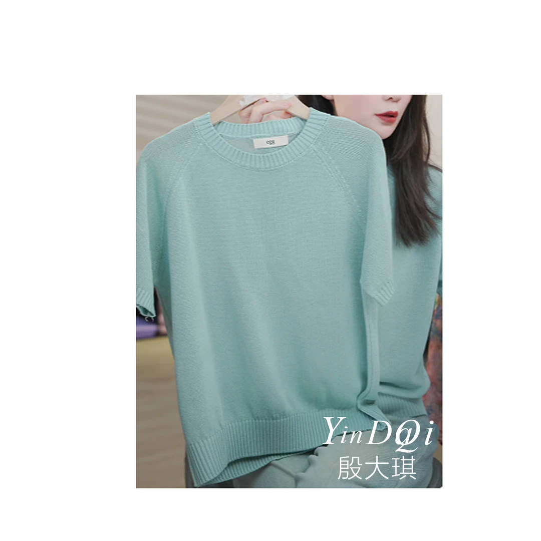 云山蓝~短袖针织衫上衣女2025夏季薄款亚麻洋气简约百搭上衣