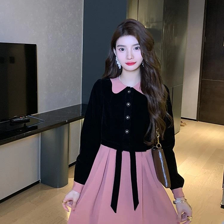 Meika-秋冬季新款法式气质小香风设计感收腰显瘦拼接长袖连衣裙女