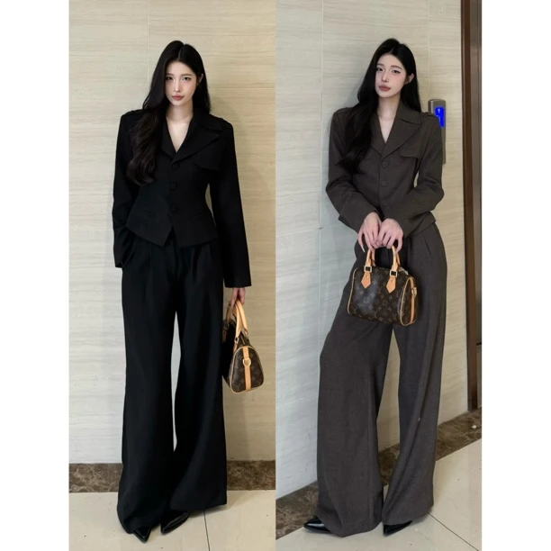 PANPANSTUDIO【都市猎女】韩系通勤极简呢子阔腿裤套装女中长款