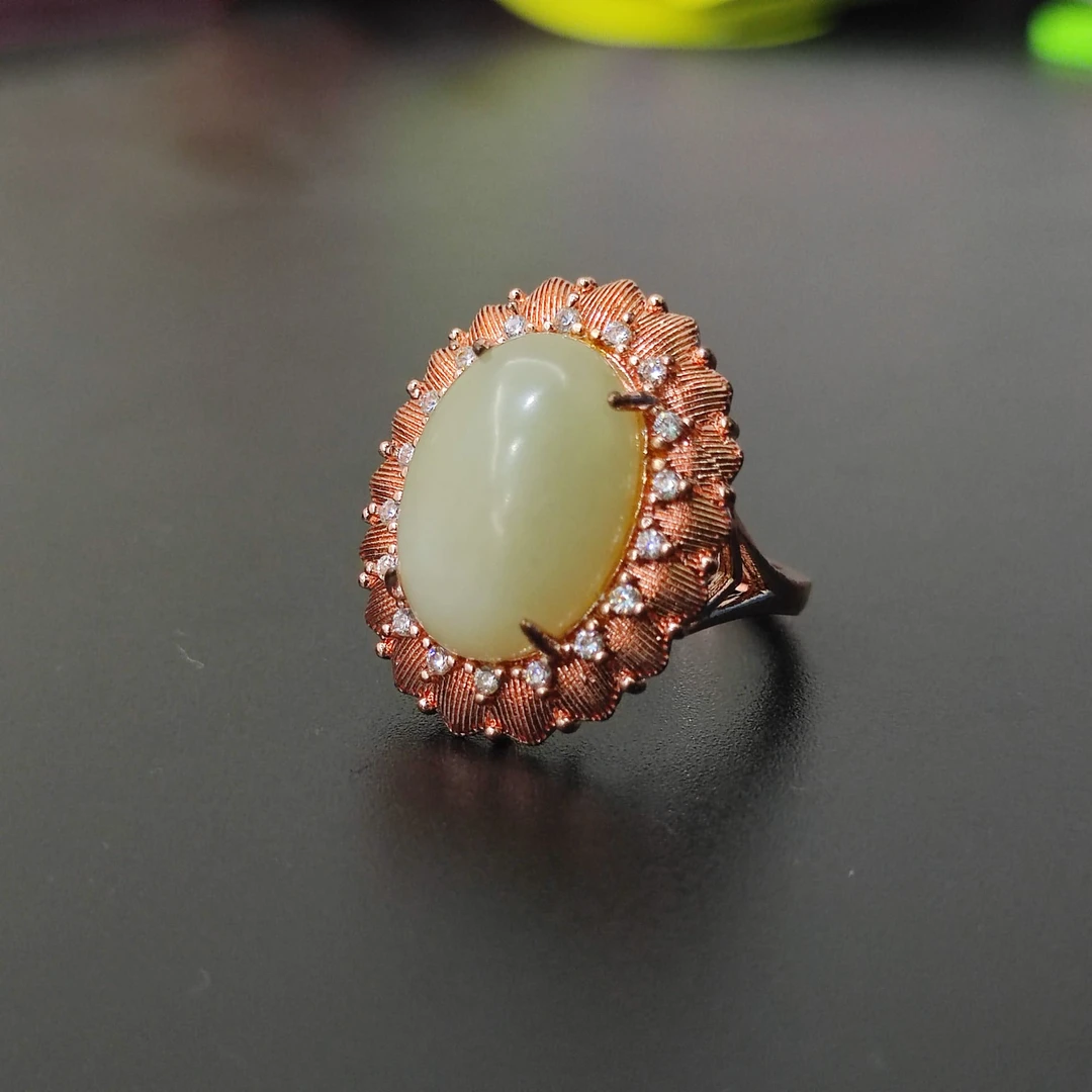 【清仓专属】天然和田玉大蛋面戒指轻奢气质开口戒 1032