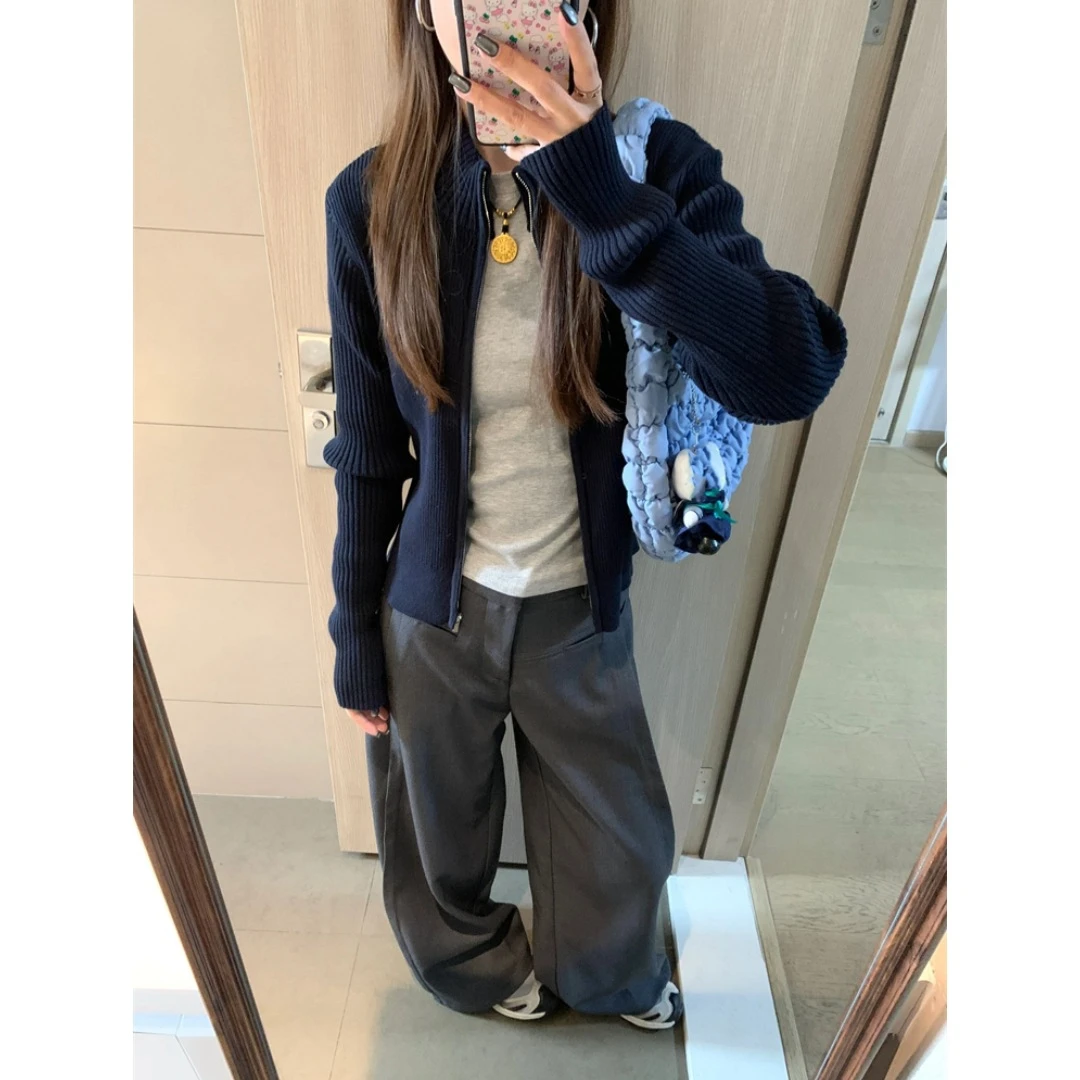 秋冬新款藏青色拉链慵懒高级感百搭短款针织开衫女