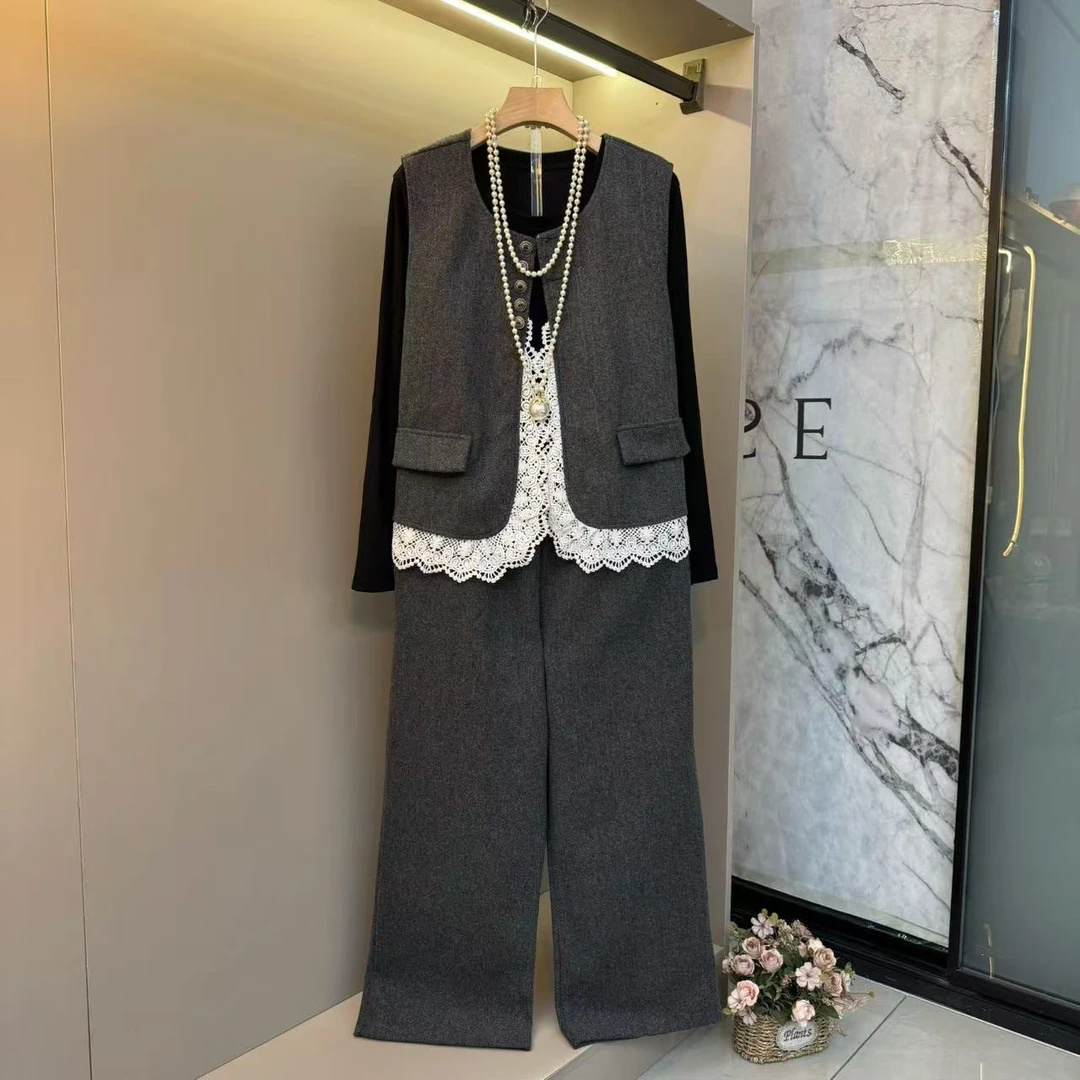 2025早秋款欧货蕾丝拼接设计高级通勤气质马甲+内搭+裤子套装562