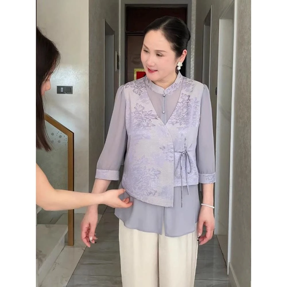 妈妈装休闲风碎花女装新中式民族风中老年上衣中年女大码假两件套