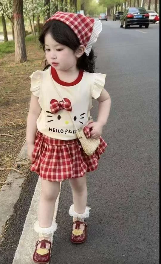 格子韩版薄款夏季套装女童休闲红色短裙童装