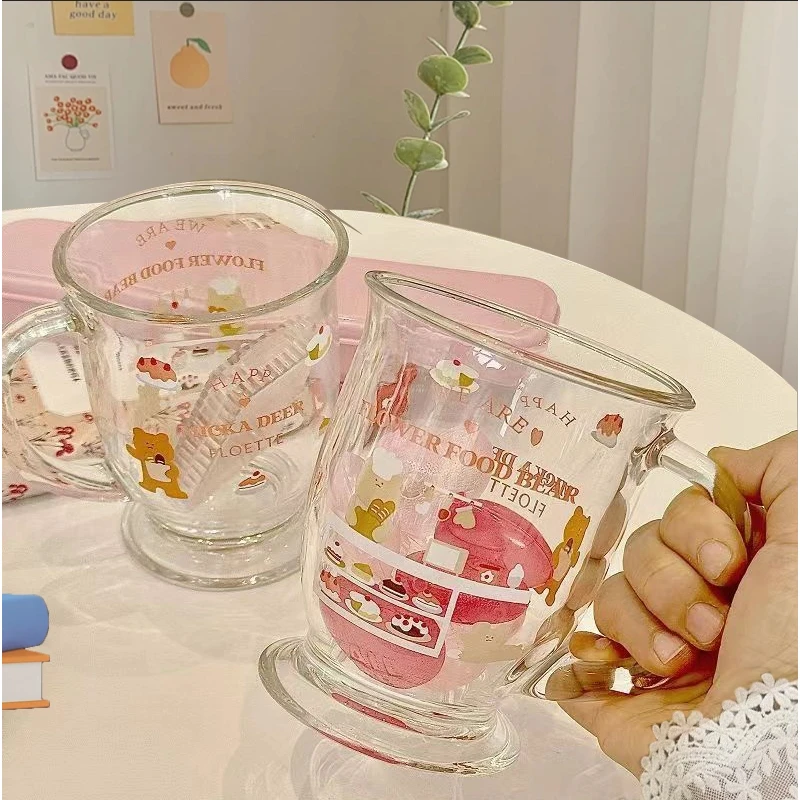 【买一送一】可爱小熊蛋糕杯子玻璃水杯子ins高颜值印花宿舍大容量