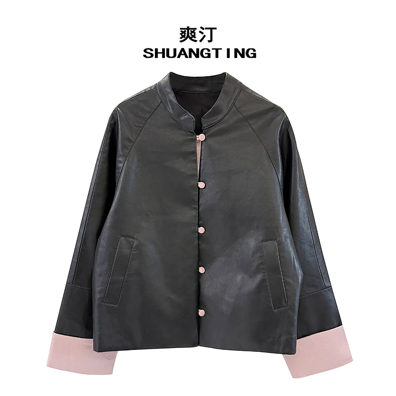 Jokara/丘可儿【远山黛】新中式撞色PU皮外套立领宽松国风上衣早春