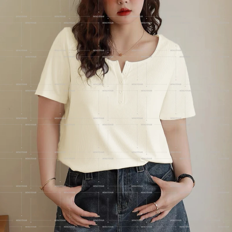 清新氧气半开领纽扣设计感短袖夏季修身胖mm遮肉温婉洋气上衣