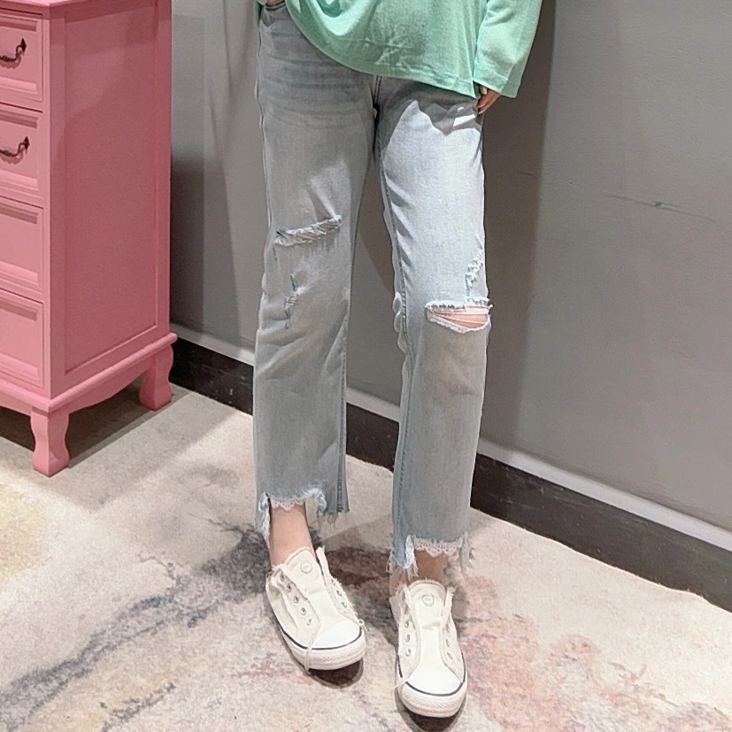 Chouduoduo 轻氧百搭 夏季薄款时尚破洞下摆蕾丝牛仔裤