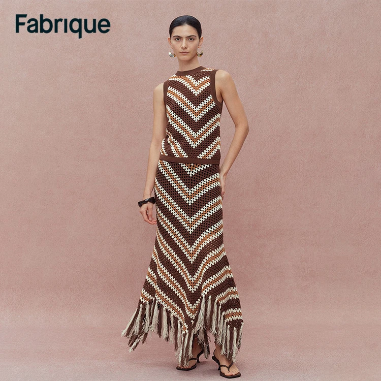 Fabrique Clara 春夏全手工钩针棉麻条纹无袖背心上衣与半裙套装