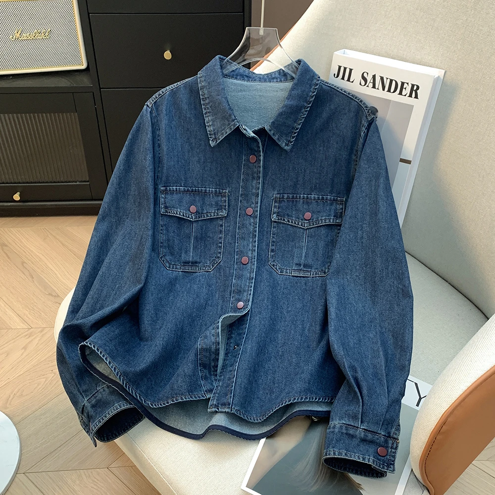 【磨毛】复古牛仔衬衣女长袖百搭宽松休闲小个子衬衫短款上衣