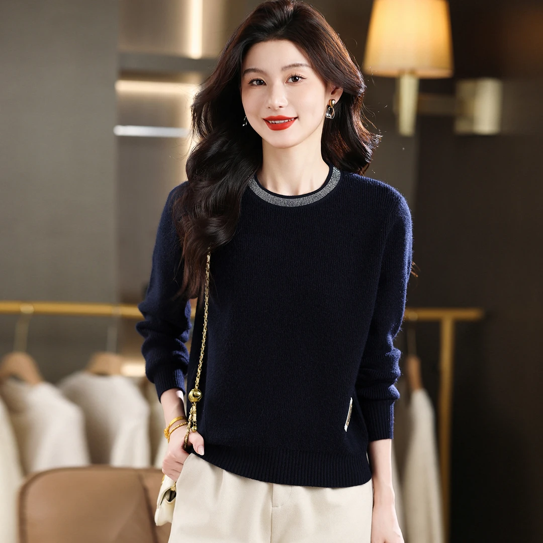 纯色常规款针织女秋冬烫钻打底衫长袖圆领毛衣百搭针织衫内搭