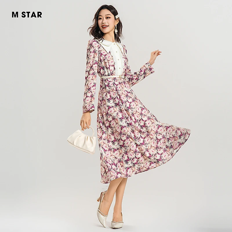 M-Star冬季法式浪漫印花翻领长袖女装连衣裙法式长裙SEEL142542