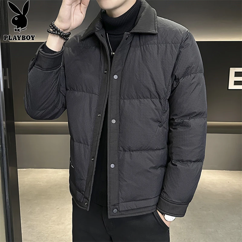 花花公子男士短款羽绒服冬季新款潮流百搭加厚保暖翻领白鸭绒外套