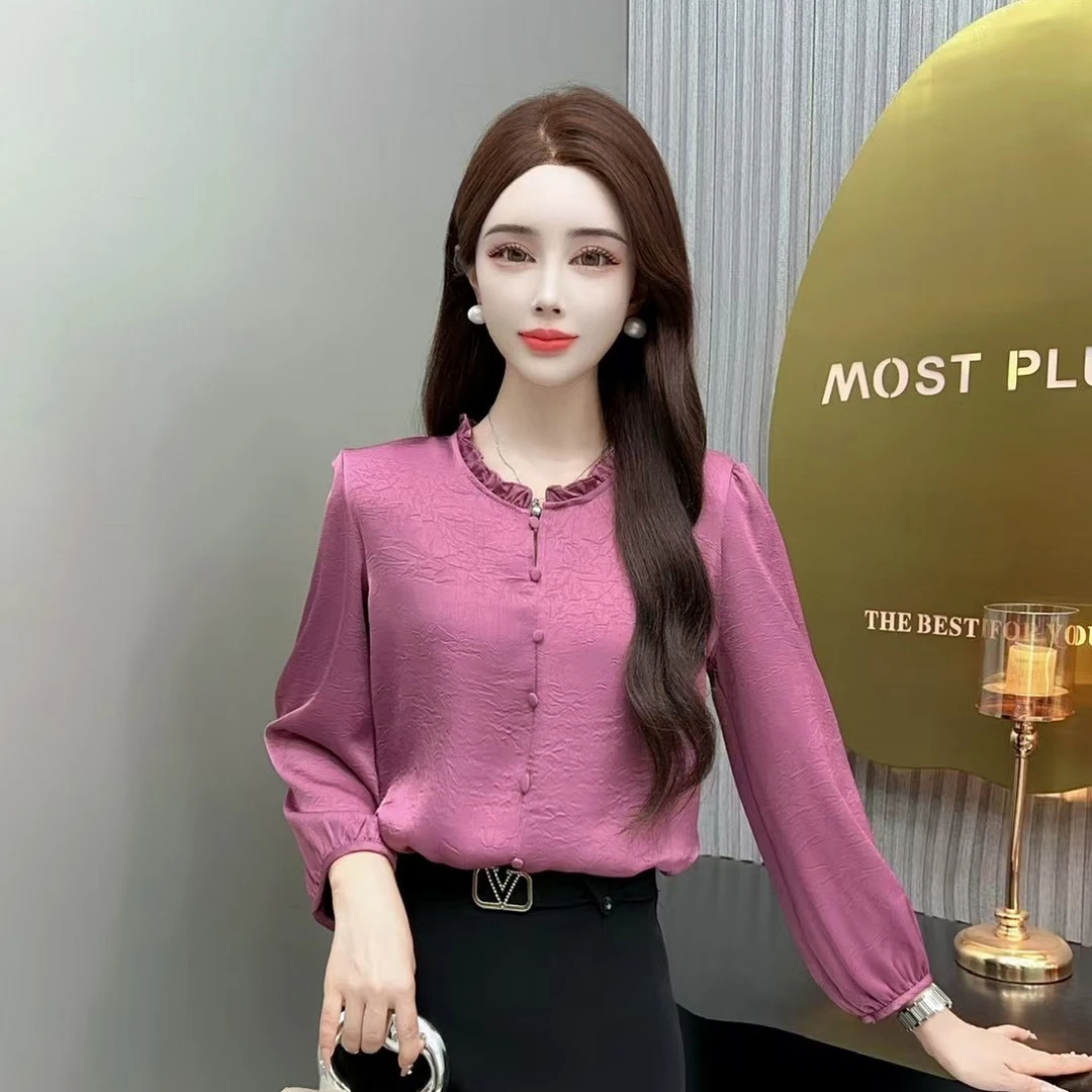 木耳花边领立领七分袖中袖女士衬衫百搭显瘦气质优雅衬衣打底上衣