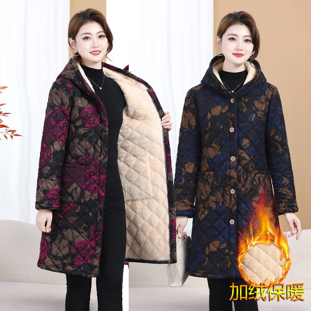 冬季加厚保暖棉衣外套妈妈装长款加绒棉袄上衣中老年女士连帽棉服