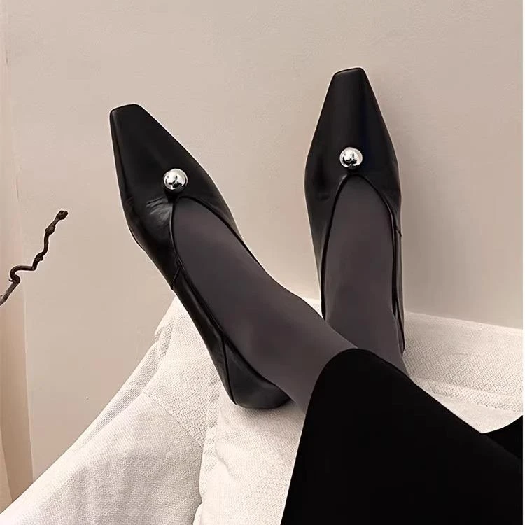 羊皮版~复古小坡跟单鞋女V口两穿踩跟绝美配裙子2025新款玛丽珍