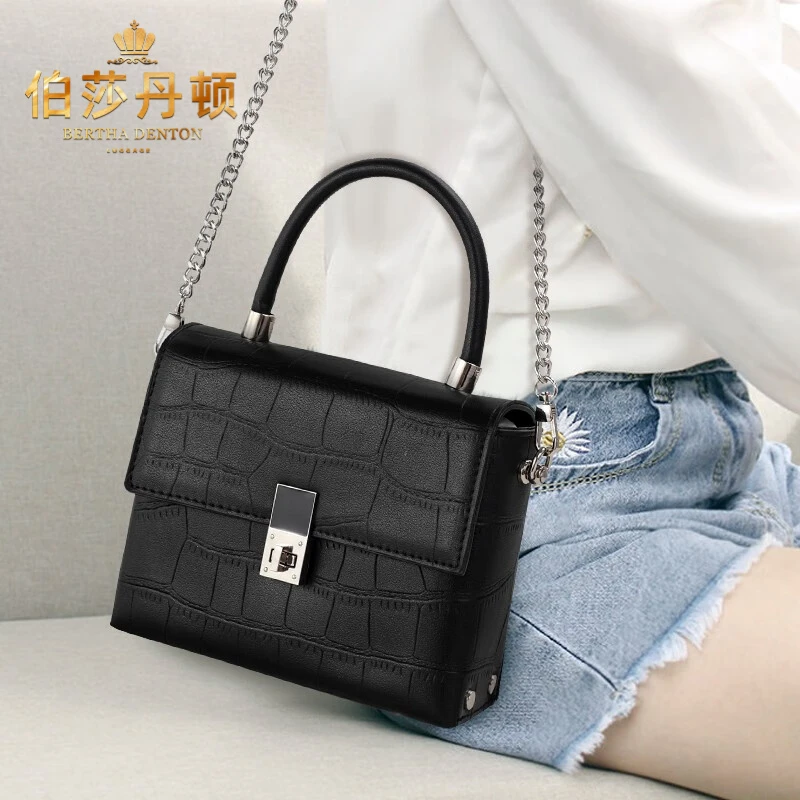 伯莎丹顿轻奢单肩包包女士斜挎包真皮手提包鳄鱼纹小方包时尚百搭