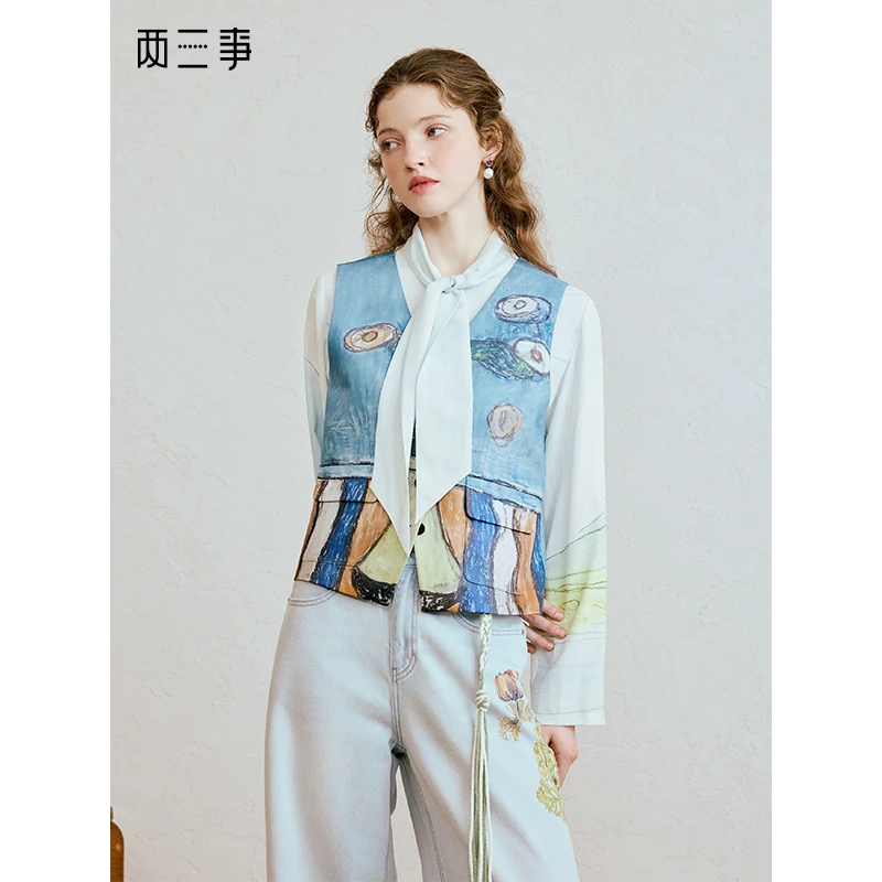 两三事 山河野忘文艺风抽象印花马甲外套S25QMJ189