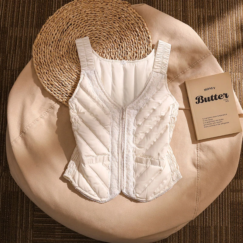 2025新款羽绒服马甲背心女外搭蕾丝边外穿轻薄内胆保暖秋冬羽绒服