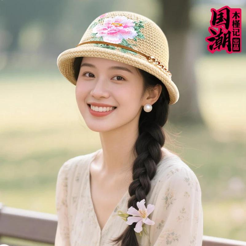 国风潮刺绣花针织透气渔夫帽防晒遮阳帽子女春夏季礼帽民族风盆帽