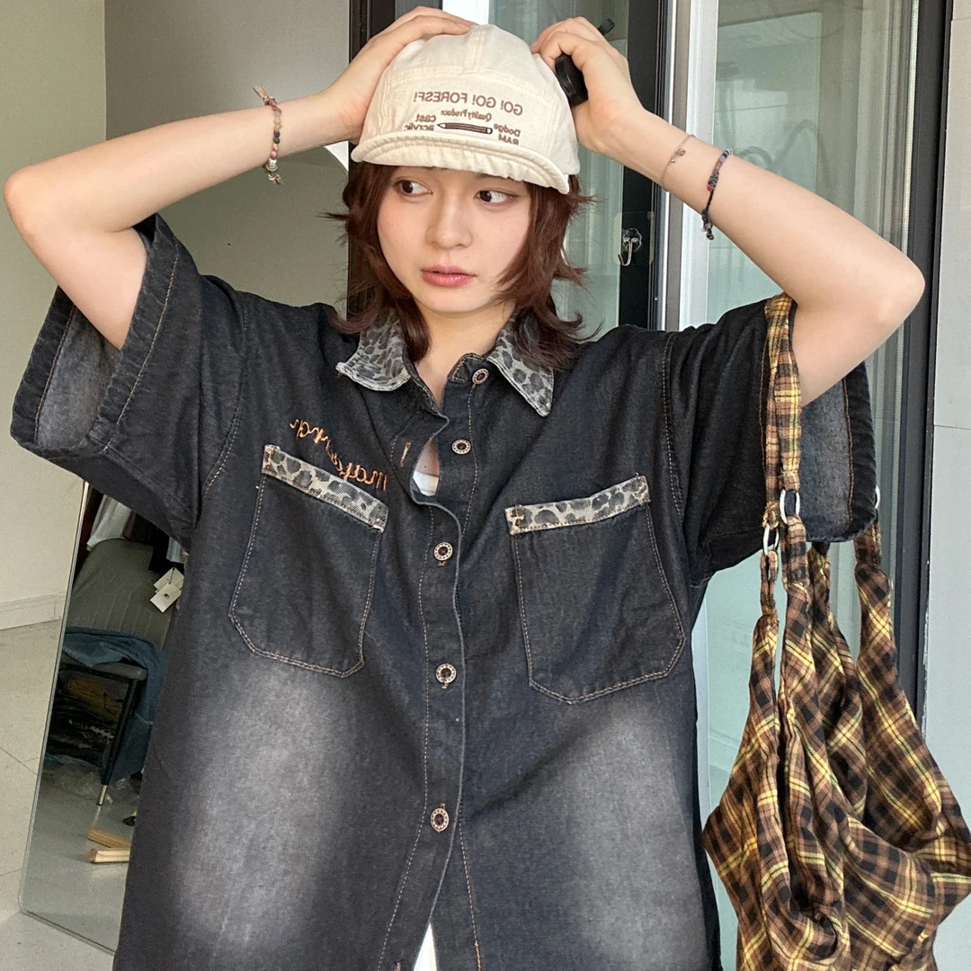 XXJINXI美式豹纹拼接牛仔短袖衬衫男女夏季复古街头做旧宽松衬衣