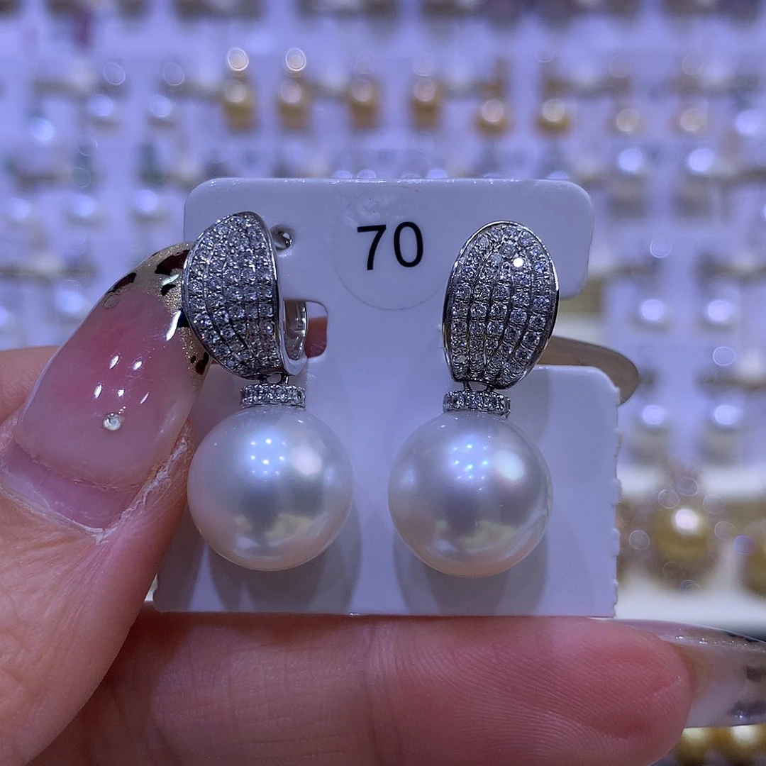 海水珍珠耳饰18K金镶嵌13/14mm澳白