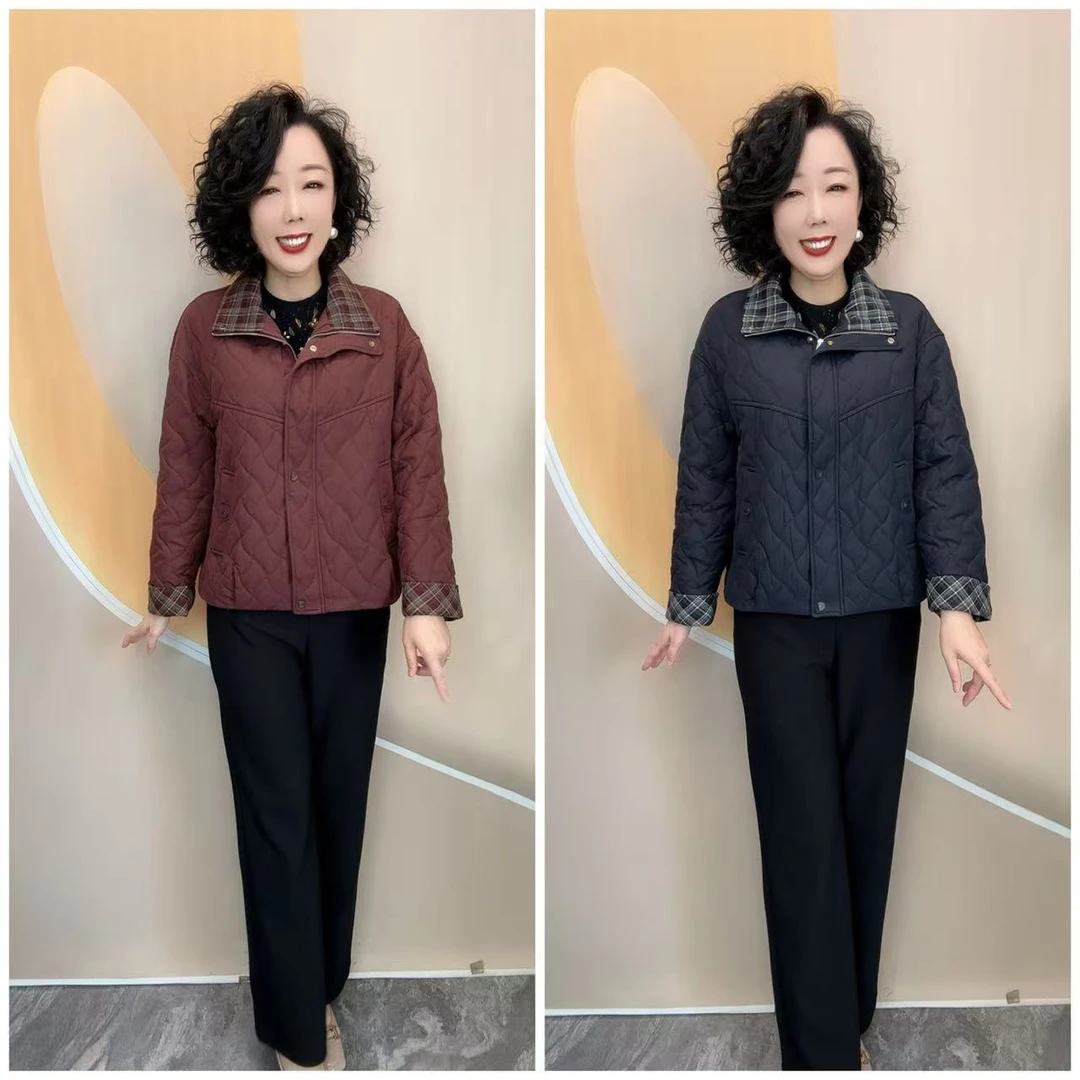 53新款优雅妈妈艺术条格加衬宽松大码薄棉服外套，61衣长