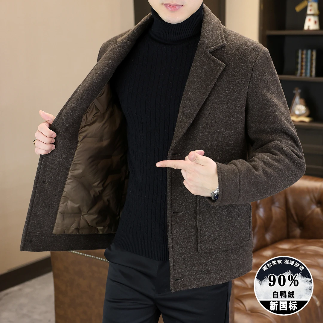 普丹希斐男士羽绒服国标冬季新款潮流西装领短款男装毛呢大衣外套