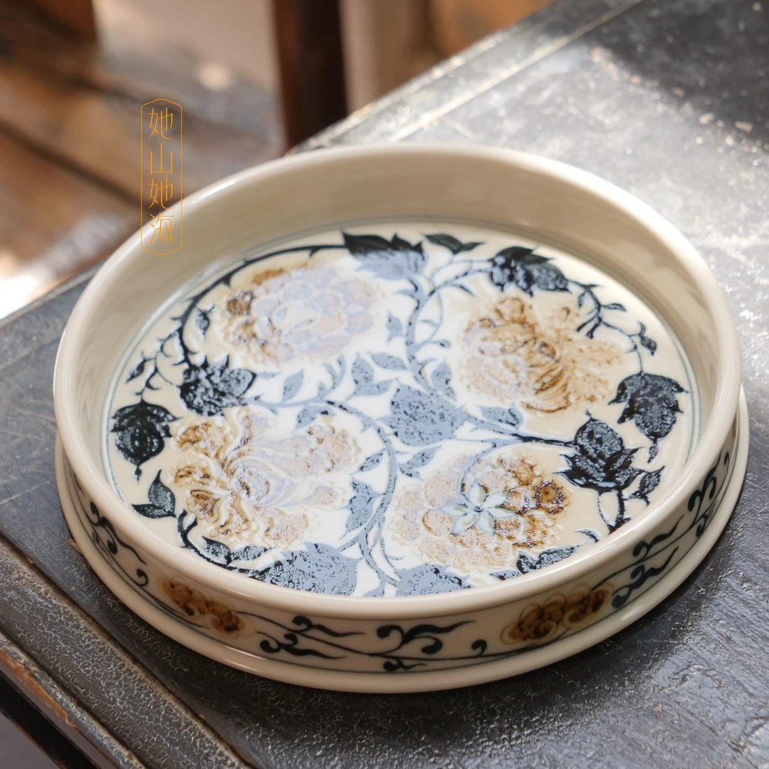 禾她观雲【釉里金牡丹花大壶承】景德镇纯手绘高温陶瓷托盘