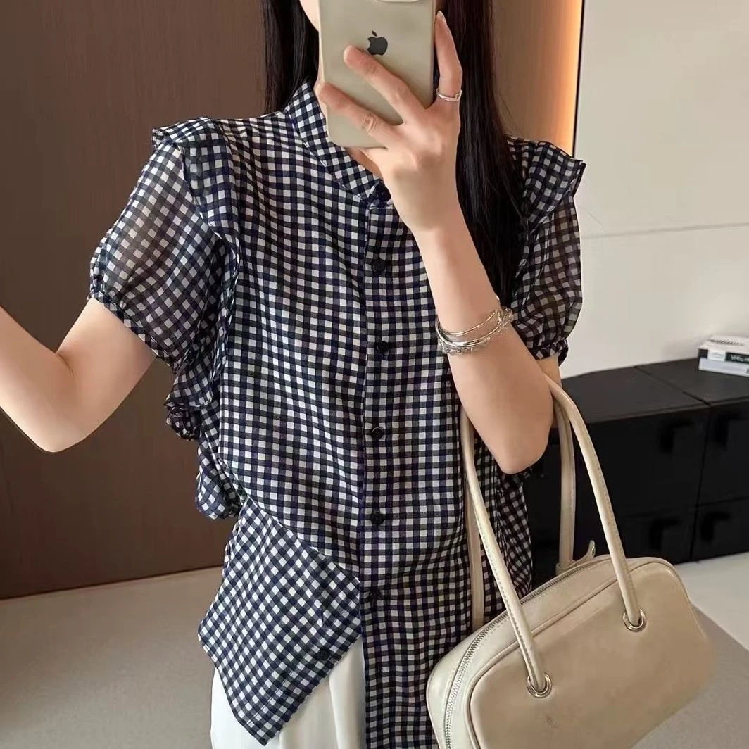 条纹短袖法式格子衬衫黑色格纹上衣女士潮流2025夏季新款