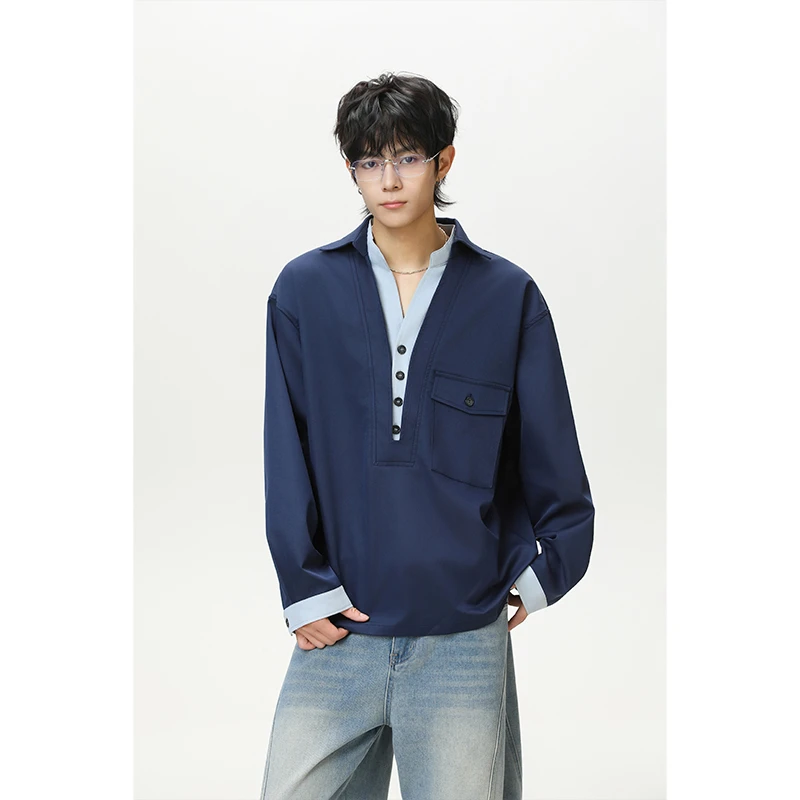 2025新款夏季老钱风痞帅拼接衬衣男士假两件撞色宽松休闲长袖衬衫