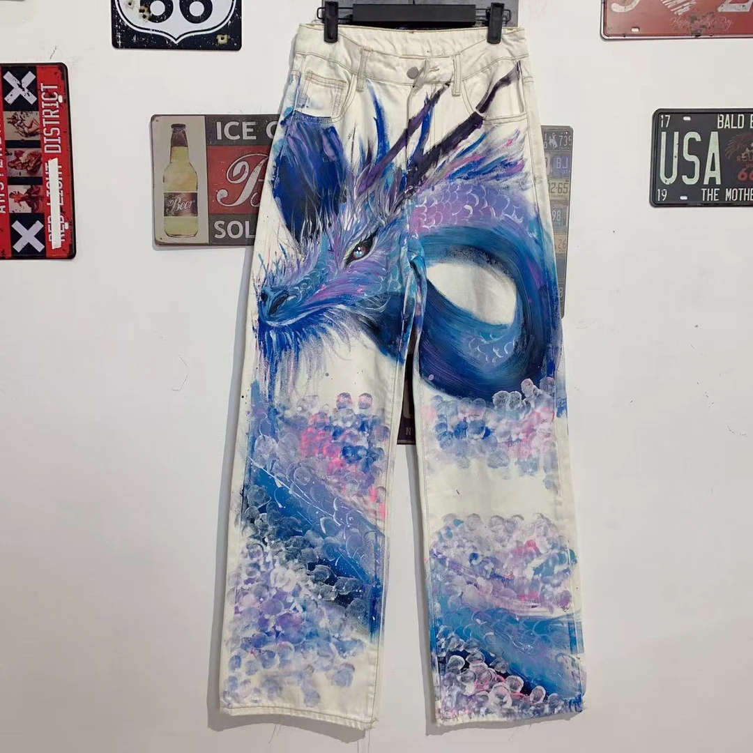 V敖润-2025新春原创手绘油画款潮酷百搭加长牛仔裤男女同款