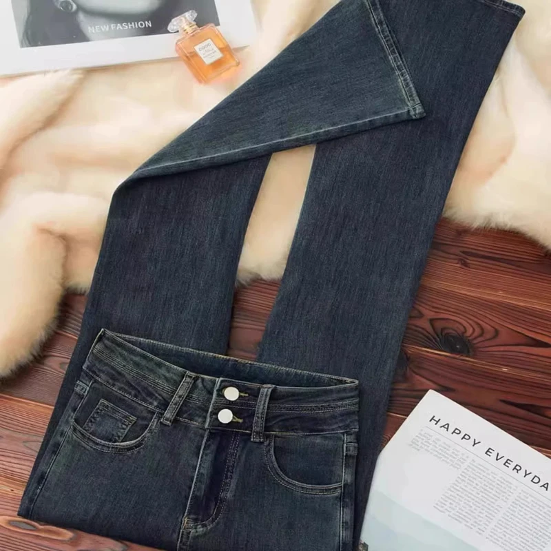 雪千羽水泥灰显瘦高个子微喇牛仔裤女2025春秋新款高腰弹力喇叭裤