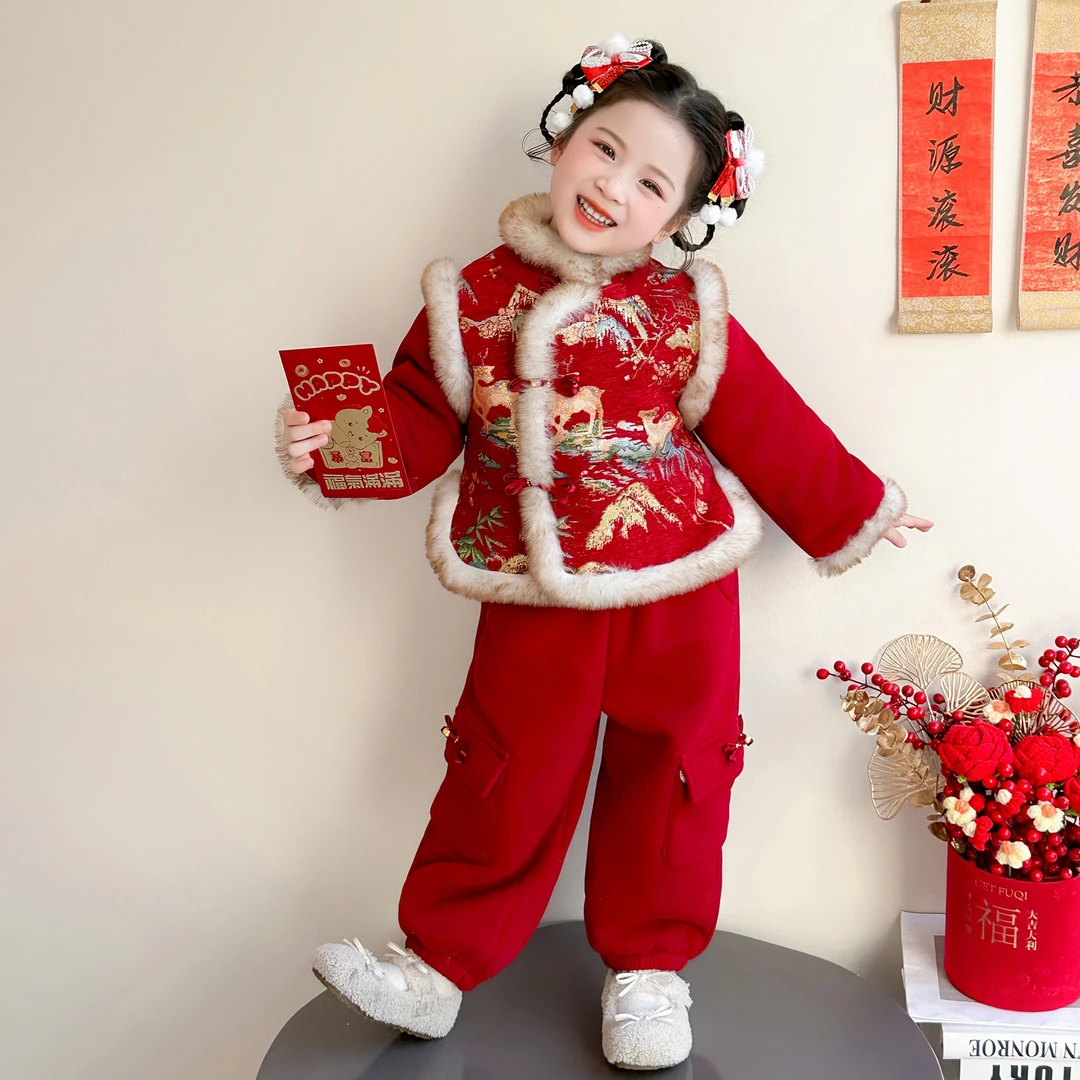 儿童拜年服女童喜庆汉服冬装女孩过年服周岁宝宝礼服套装2025新款