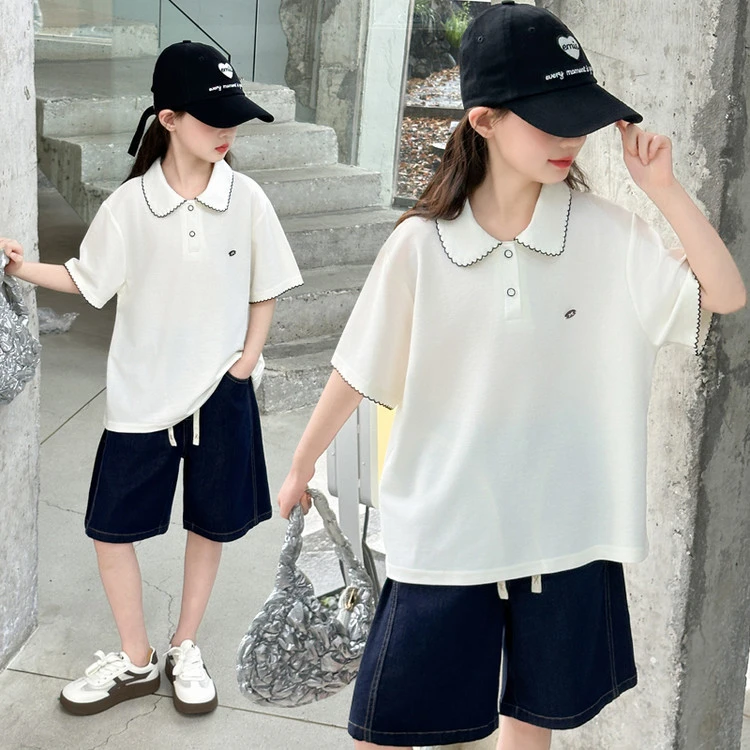 女童夏装套装2025新款洋气儿童夏季花边Polo衫女孩休闲短裤两件套