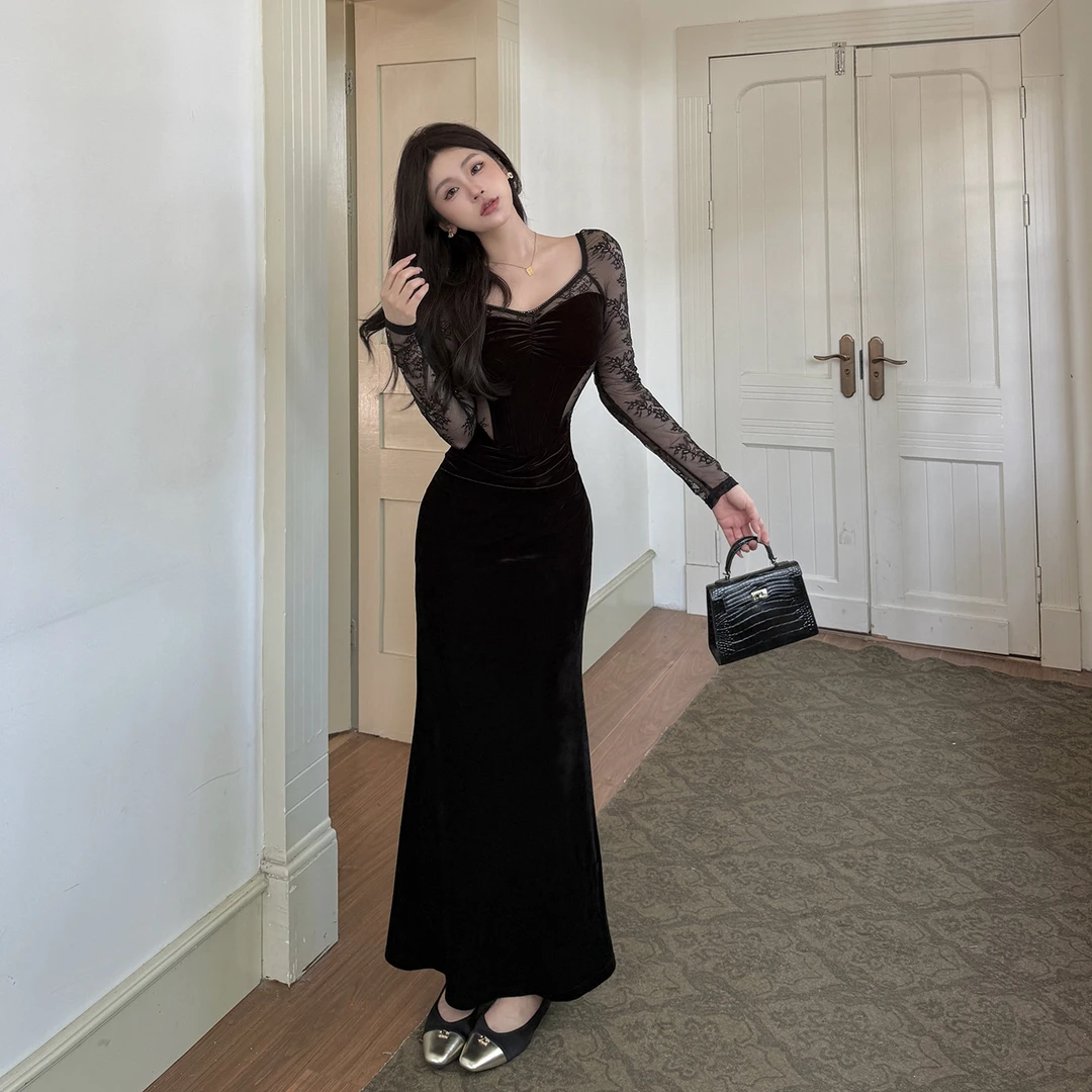 韩系ins法式轻奢蕾丝绒礼服秋冬漂亮出片黑色包臀老钱风连衣长裙