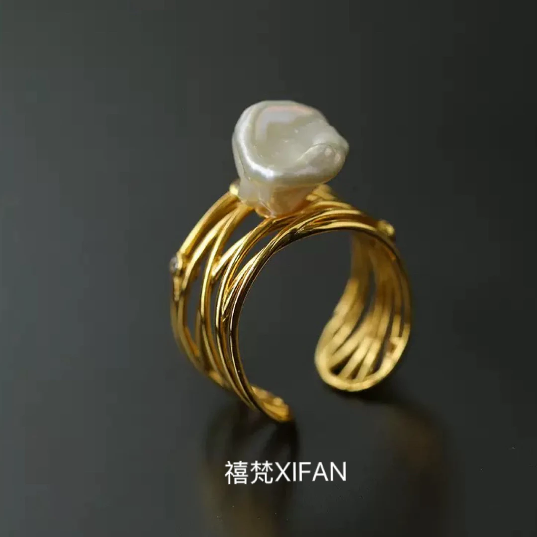 铜合金仿珍珠戒指 巴洛克镂空戒指可调节